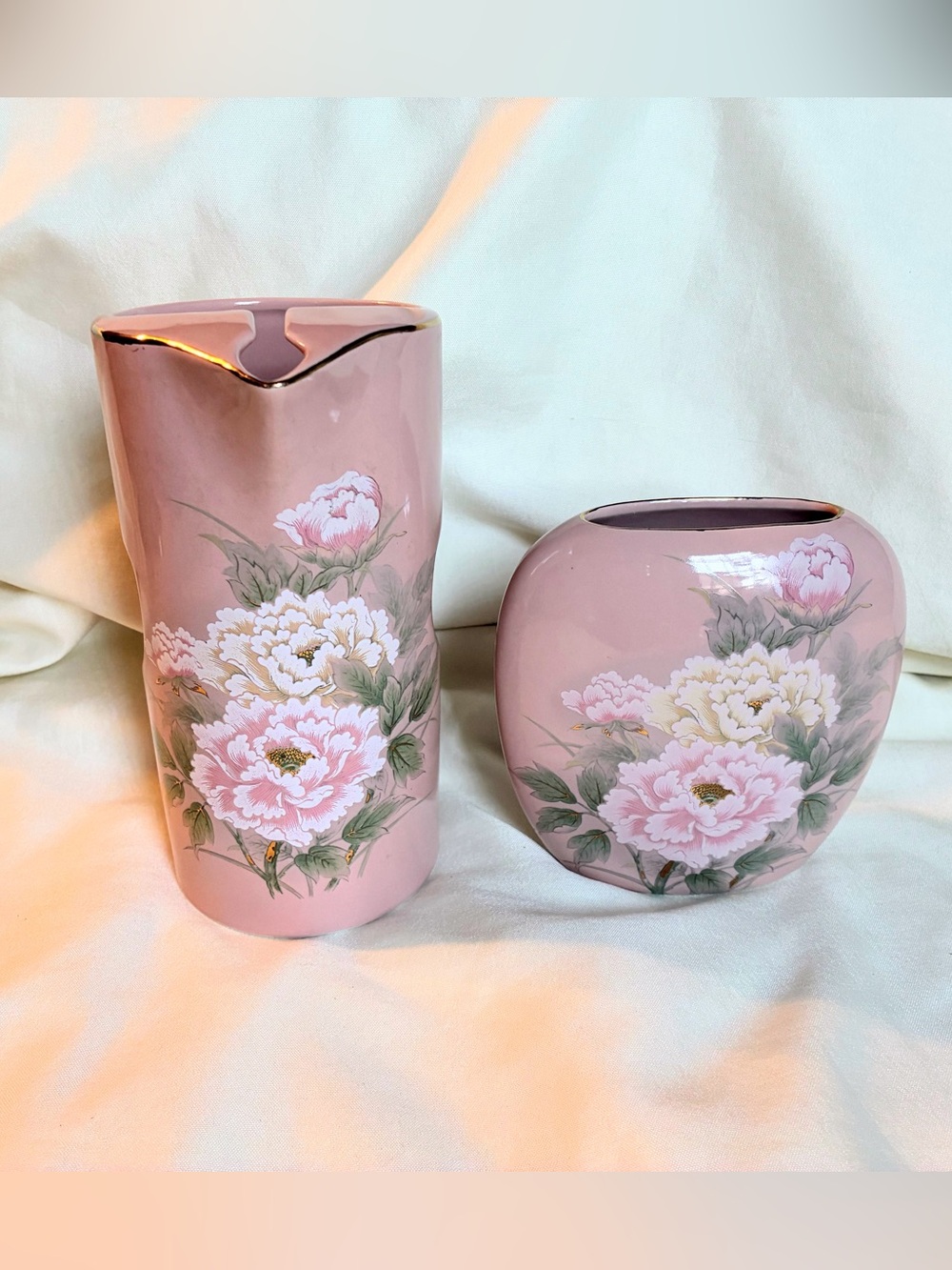 Toyo Victorian Peony Vase & Pitcher Ceramic Set Made In Japan
